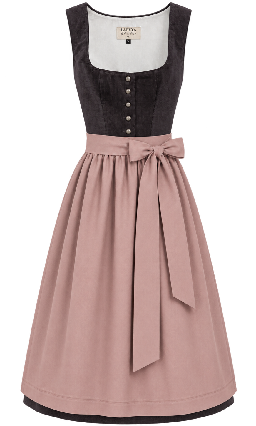 Dirndl Kathleen 70 cm aus dunkelgrauem Feincord mit altrosa Schürze – Vorderansicht