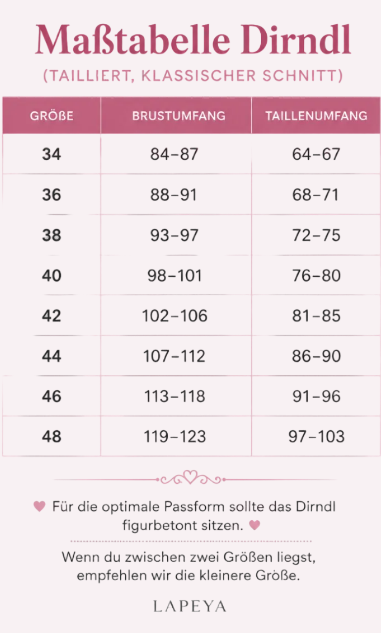 Größentabelle Damen Dirndl Lapeya