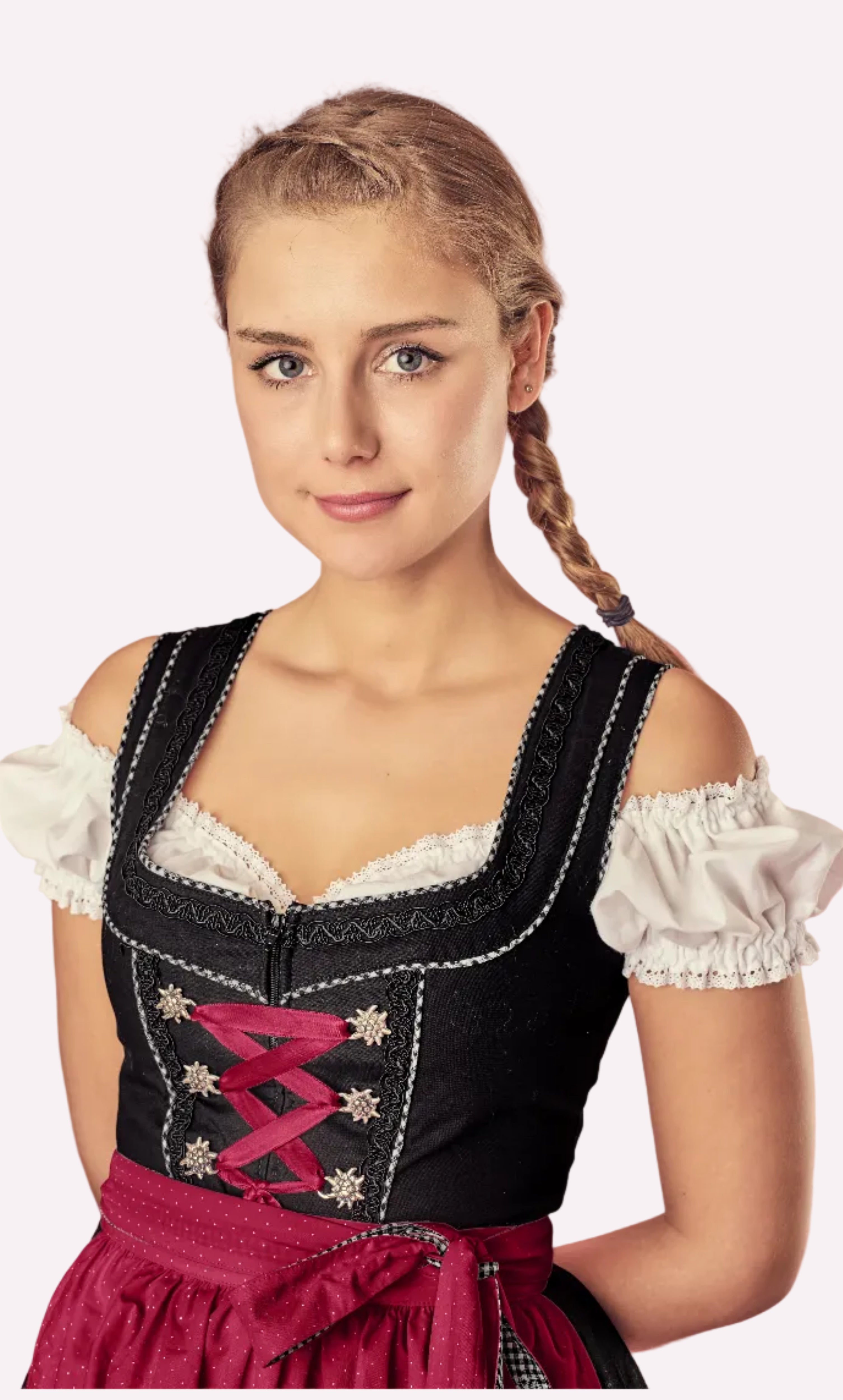 Detailansicht Oberteil Dirndl Pia rot am Model getragen