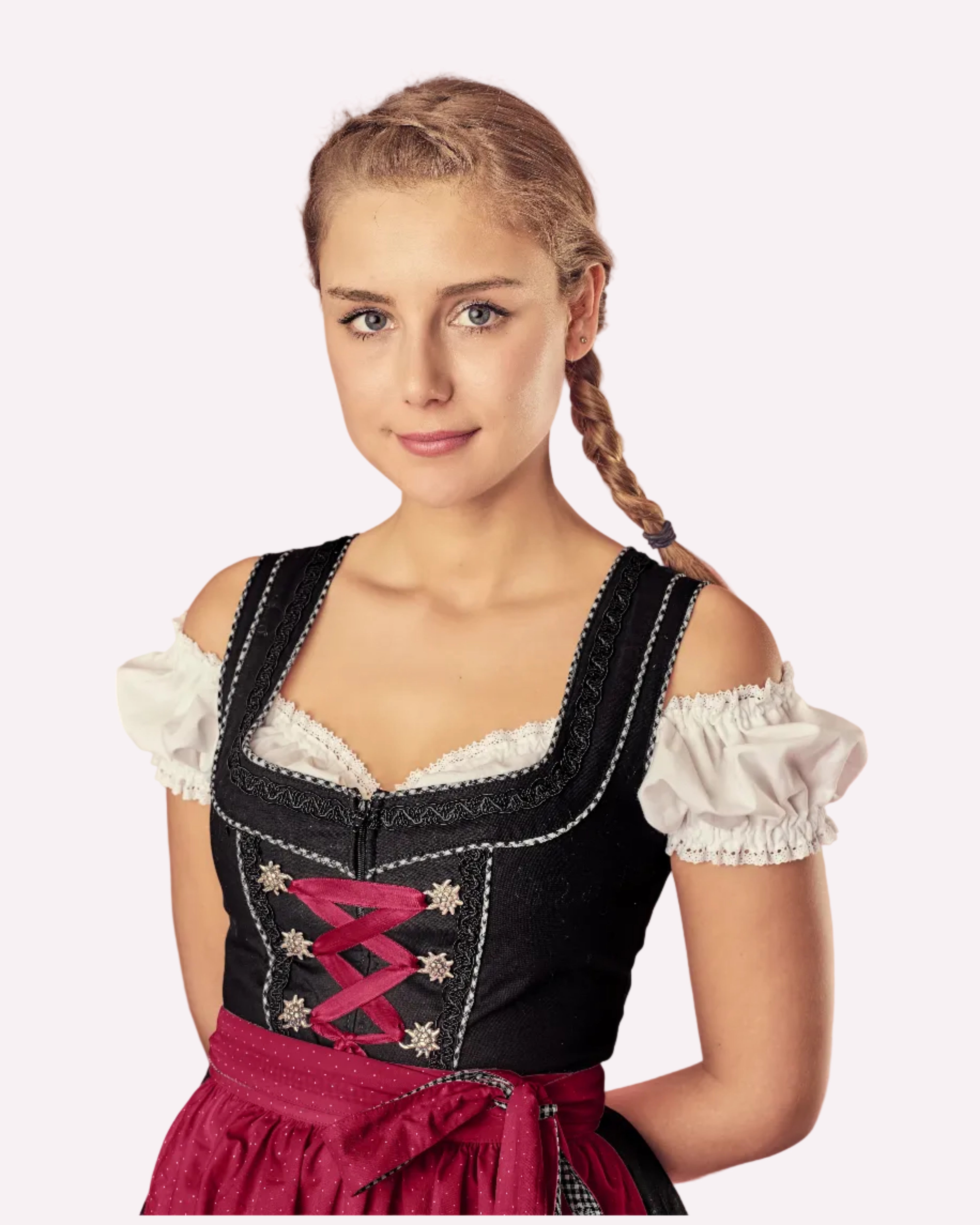 Detailansicht Oberteil Dirndl Pia rot am Model getragen