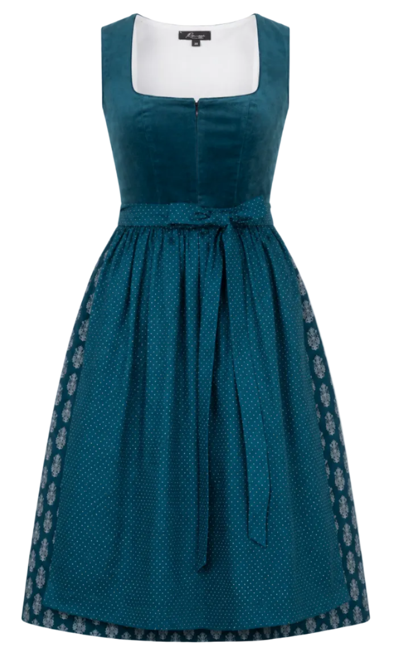 Dirndl Samy in Petrol mit Samtoberteil und Punktschürze ohne Bluse