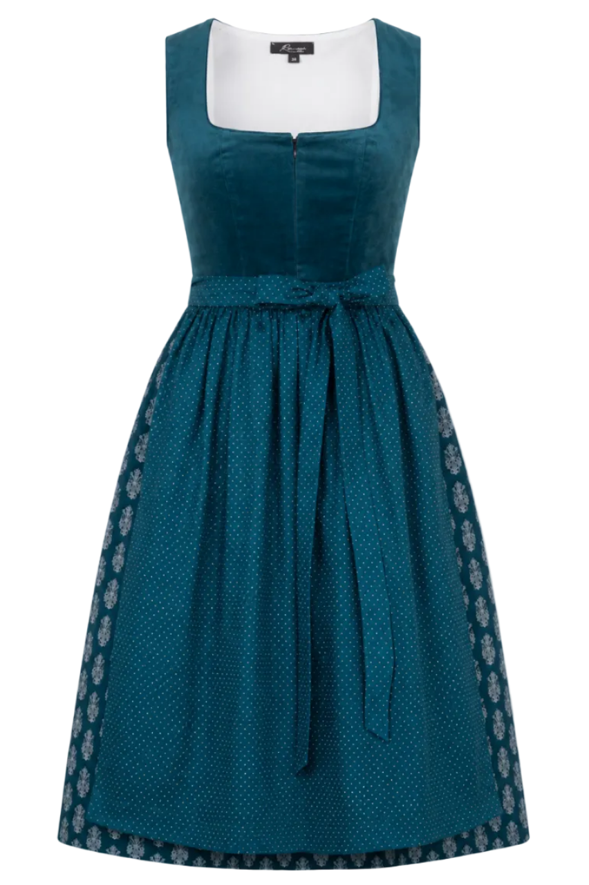 Dirndl Samy in Petrol mit Samtoberteil und Punktschürze ohne Bluse