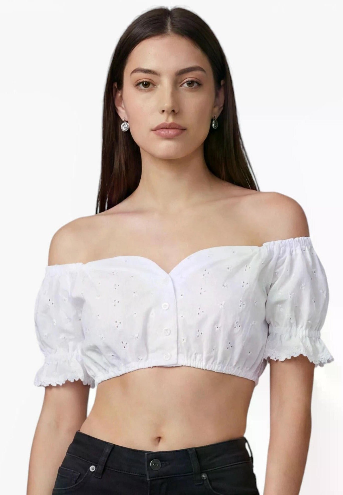Dirndlbluse Laura Weiß mit Lochstickerei und Puffärmeln