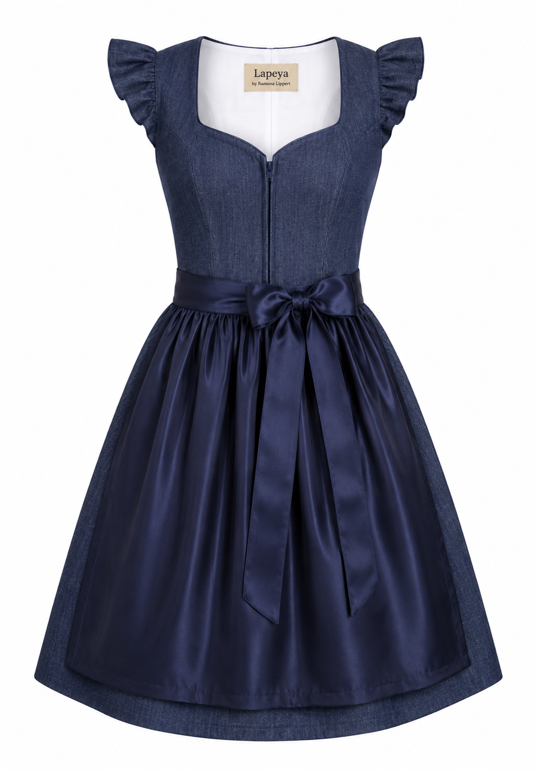 Dirndl Candela jeansblau mit marineblauer Satinschürze und Flügelärmeln