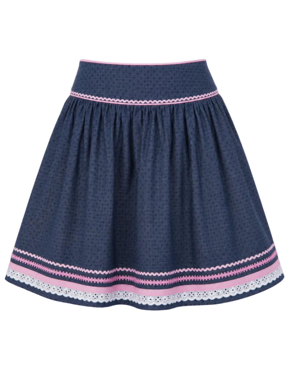 Trachtenrock Finja aus dunkelblauem Jeansstoff mit rosa Borten und weißer Spitze, Rocklänge 55 cm