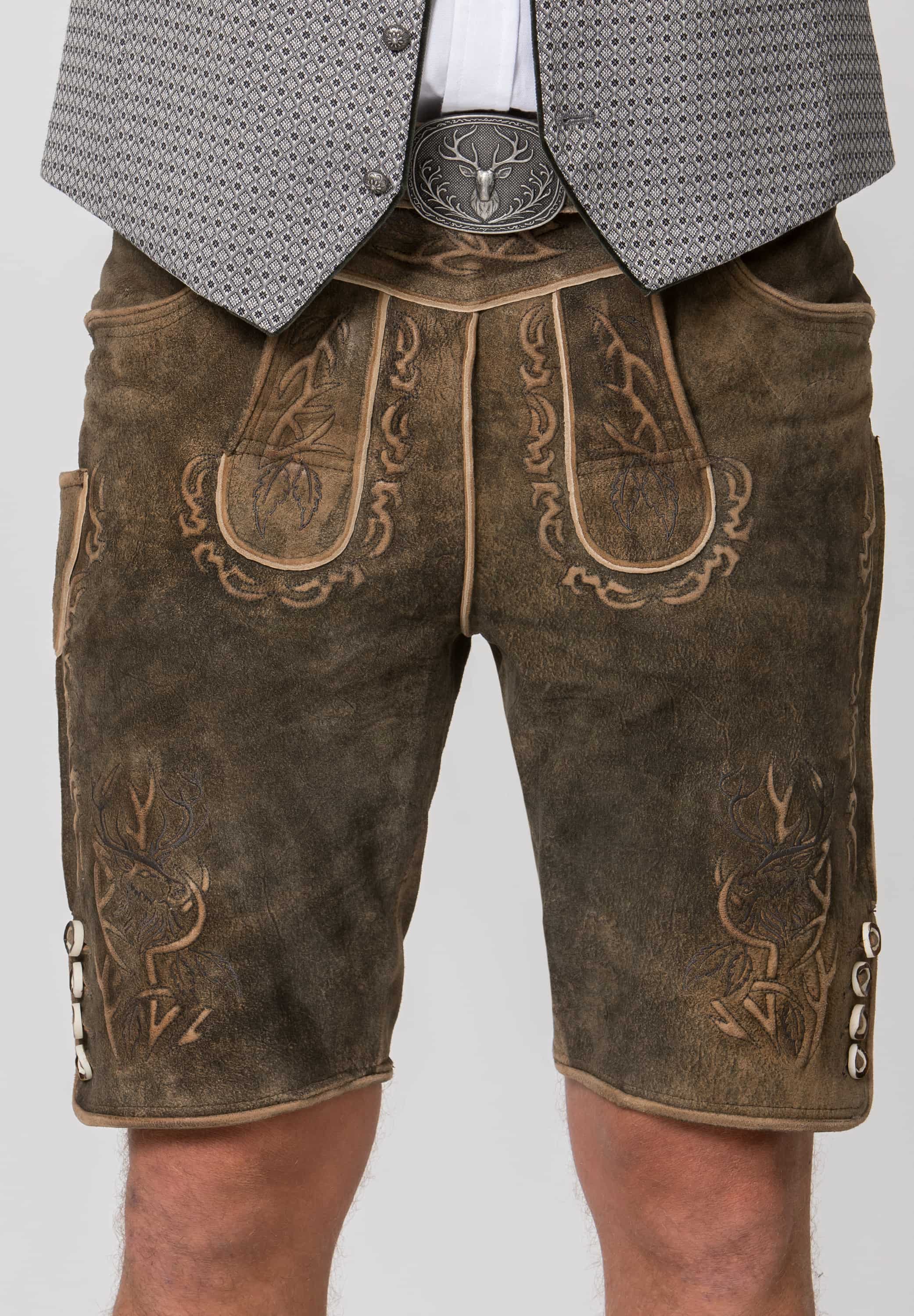 Trachtenlederhose Lewis in Nuss gespeckt, Detail der Stickerei