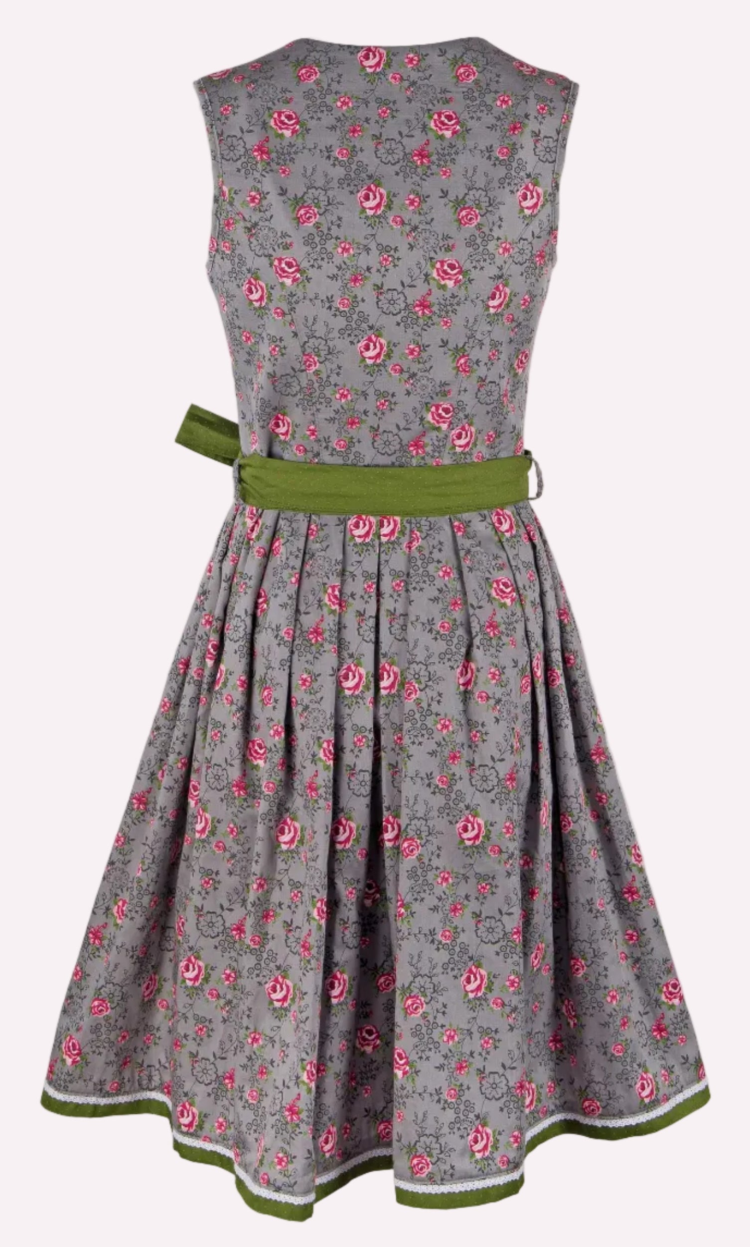 graues Blumendirndl mit grüner Schürze Rückseite