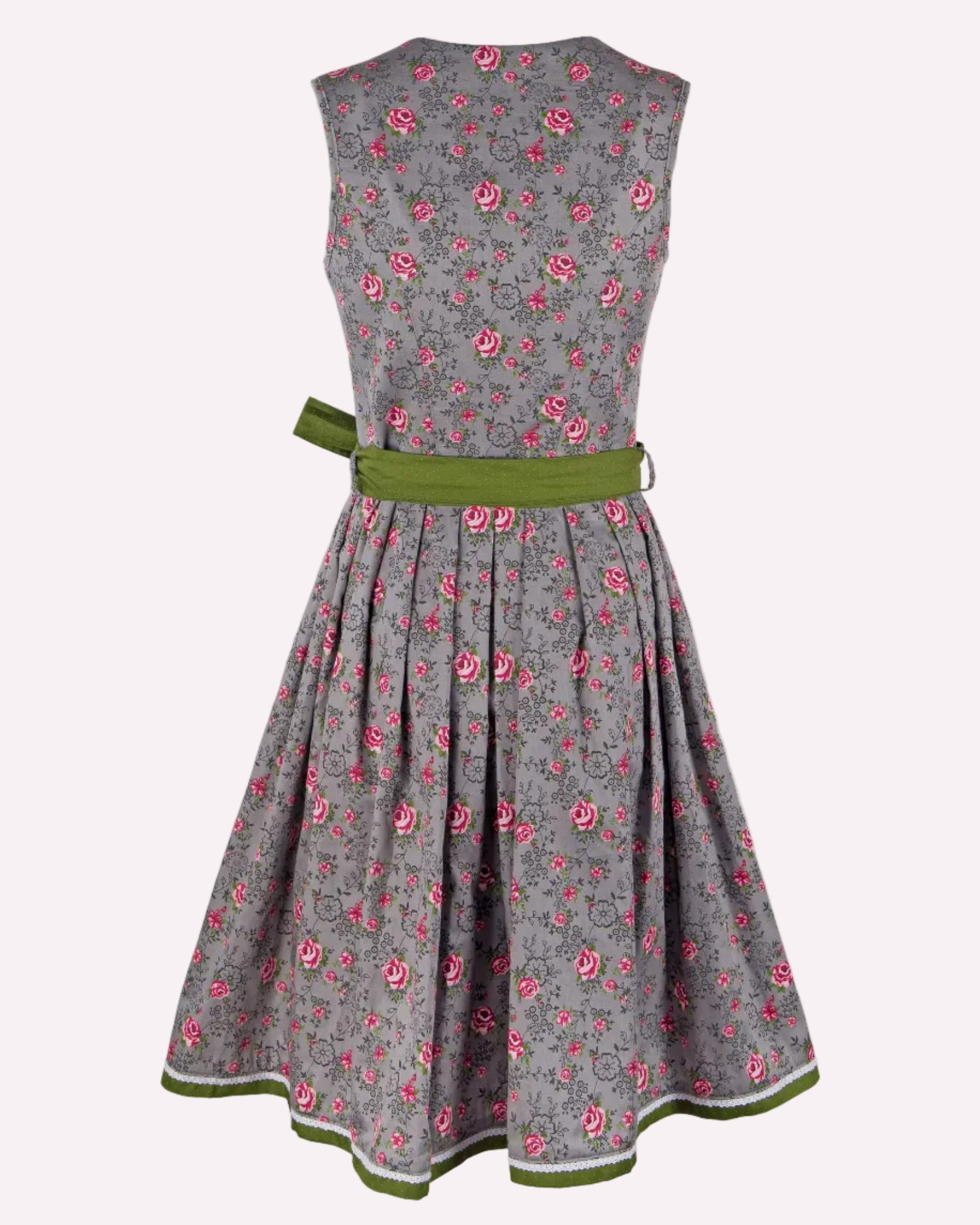 graues Blumendirndl mit grüner Schürze Rückseite