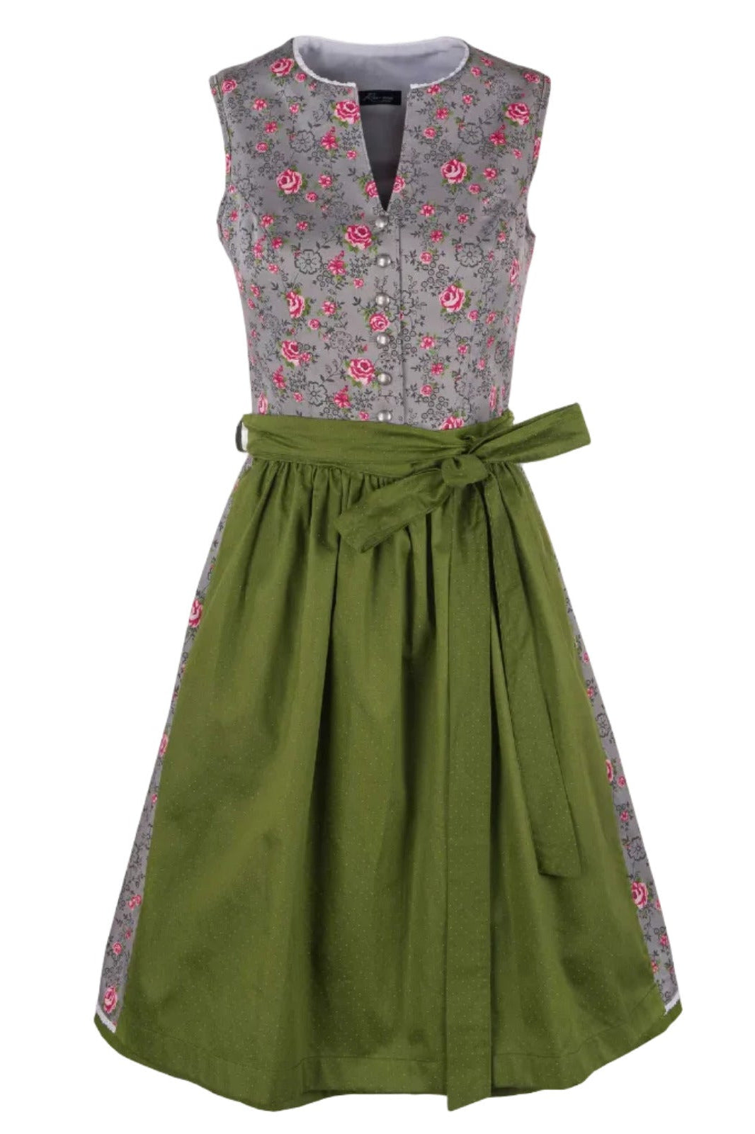 graues Dindl mit Blumenmotiv und grüner Schürze