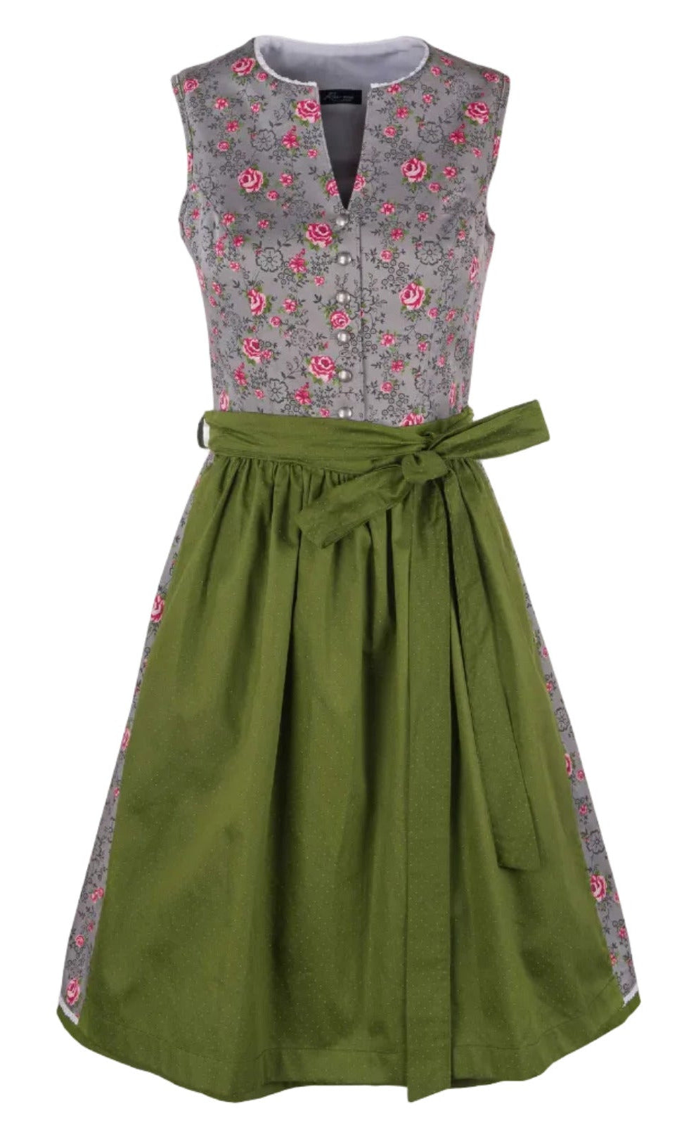 graues Dindl mit Blumenmotiv und grüner Schürze