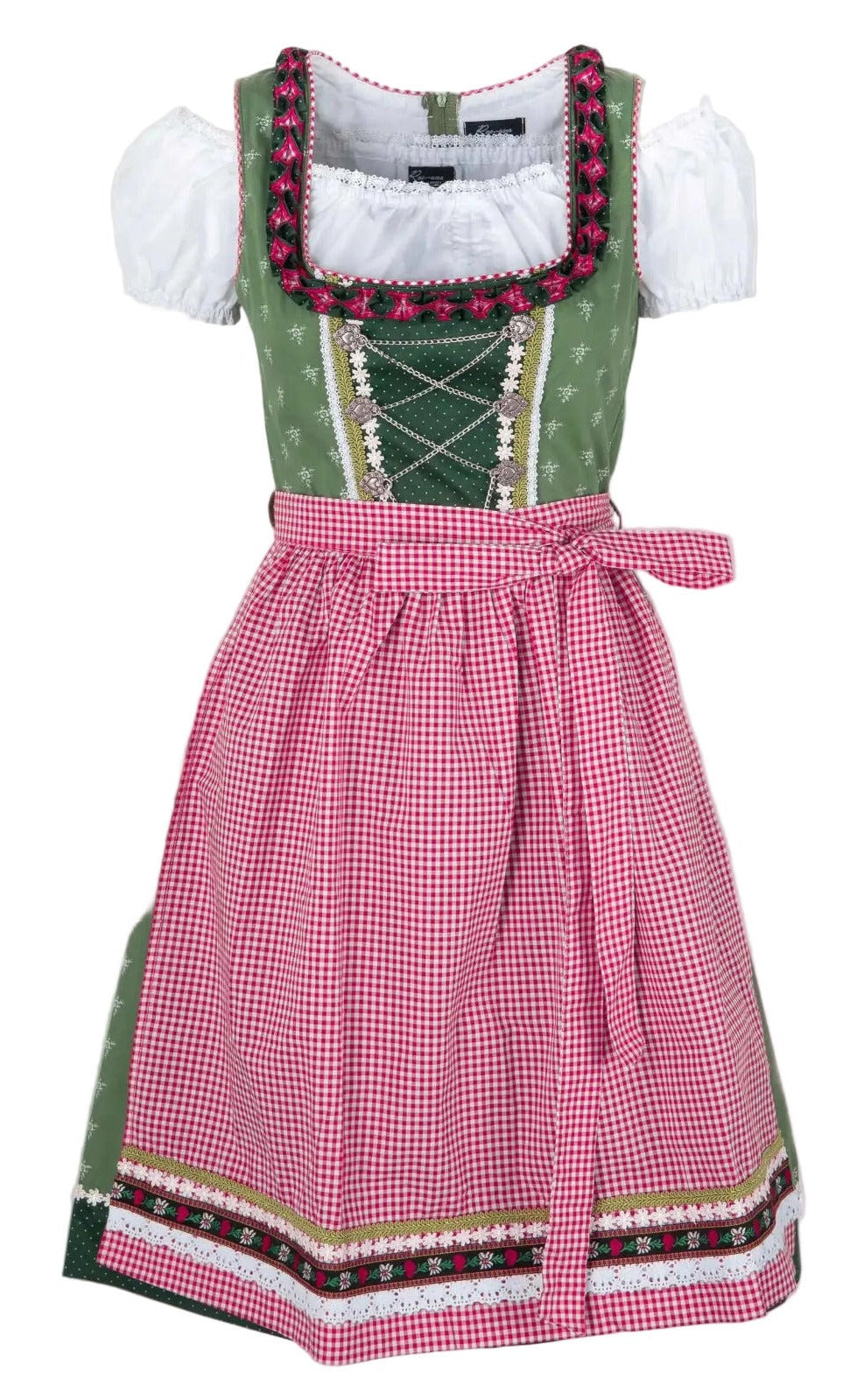 Grünes Dirndl mit Froschgoscherl und Dirndlkette dazu eine karierte Schürze in Rot. Mit Borten verziert und eine weiße Dirndlbluse