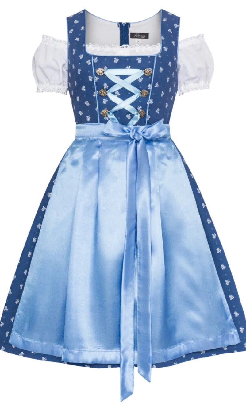 Dirndl Julia in Blau mit hellblauer Satinschürze