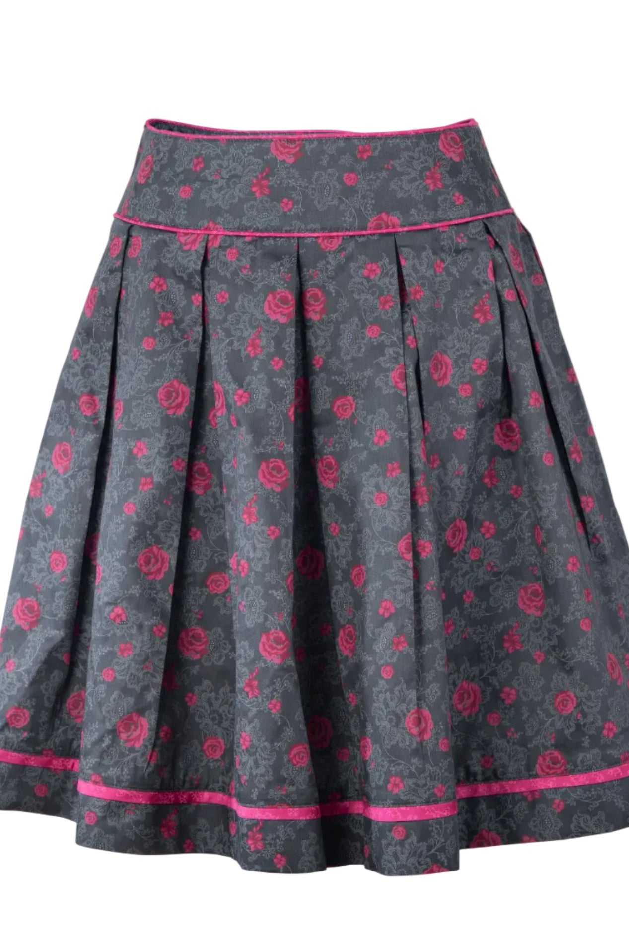 Trachtenrock Anne aus dunkelgrauer Baumwolle mit rosa Rosenmuster und 65 cm Rocklänge.