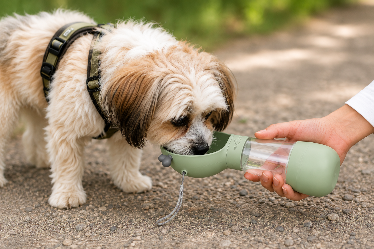 Hund trinkt unterwegs aus der grünen 2-in-1 Hundetrinkflasche