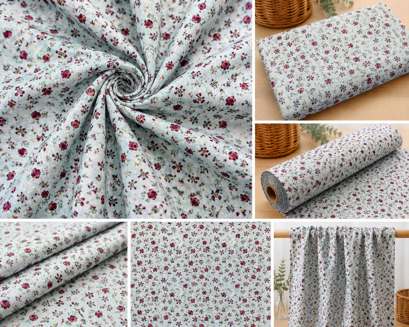 Hellblauer Baumwollstoff mit Vintage-Rosen für Trachtenmode