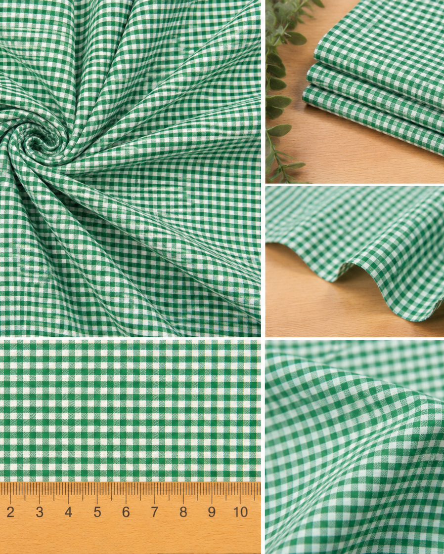 Grüner Vichykaro-Stoff in Szene gesetzt