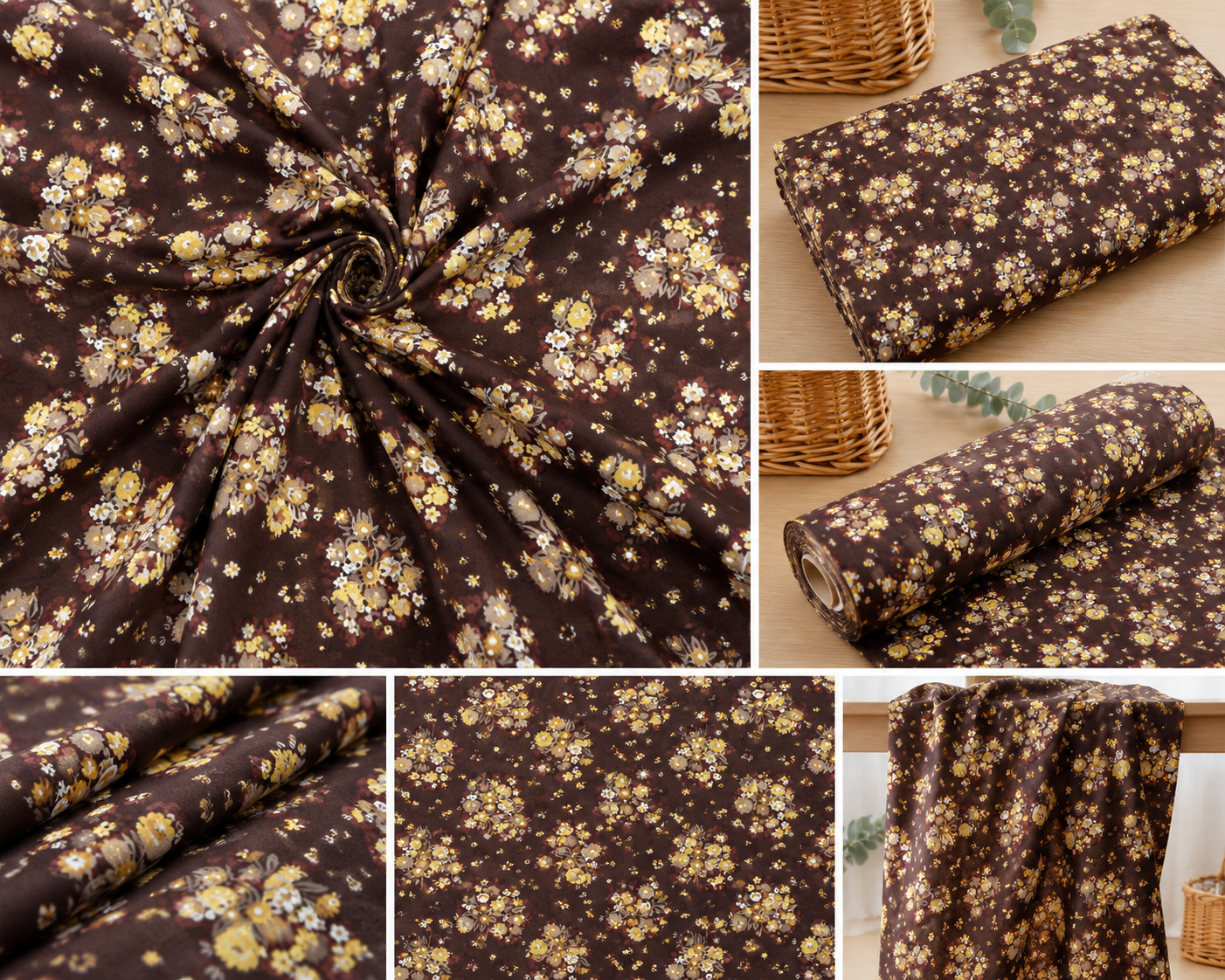 Brauner Blumenstoff aus Baumwolle für Dirndl und Schürzen