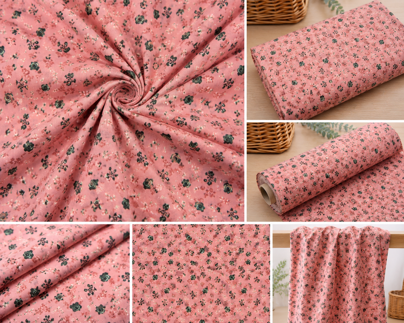 Detailansicht vom Vintage-Rosenmuster auf rosa Baumwollstoff