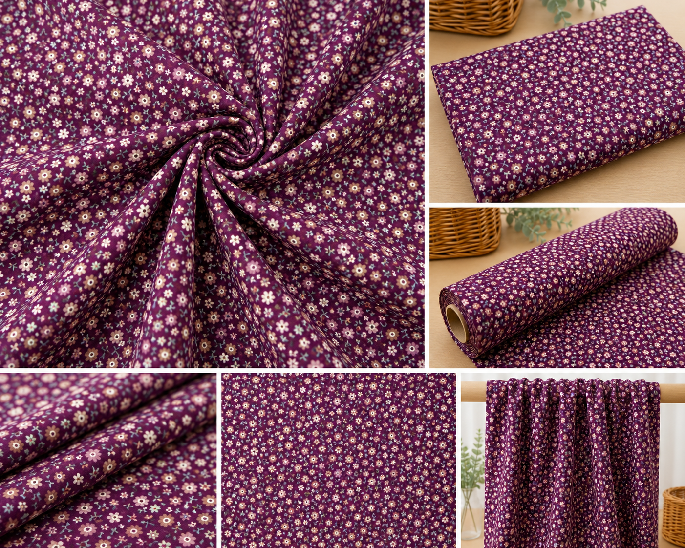 Brombeerfarbener Streublumenstoff für Dirndl und Schürzen