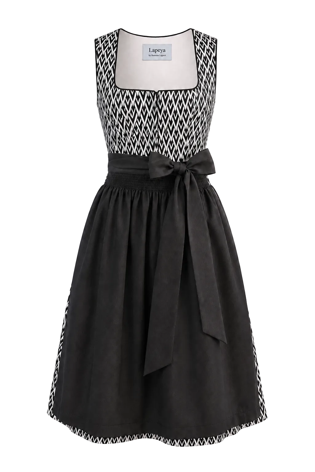 Dirndl Freya in Schwarz-Weiß mit schwarzer Schürze, Rocklänge 75 cm
