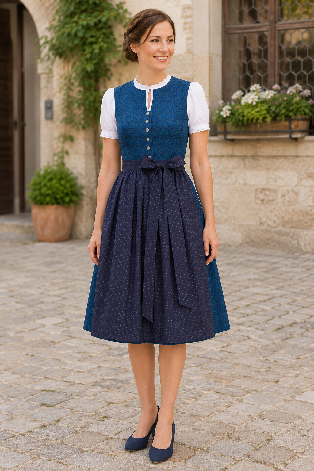 Damedirndl Ivelina am Model getragen mit Bluse