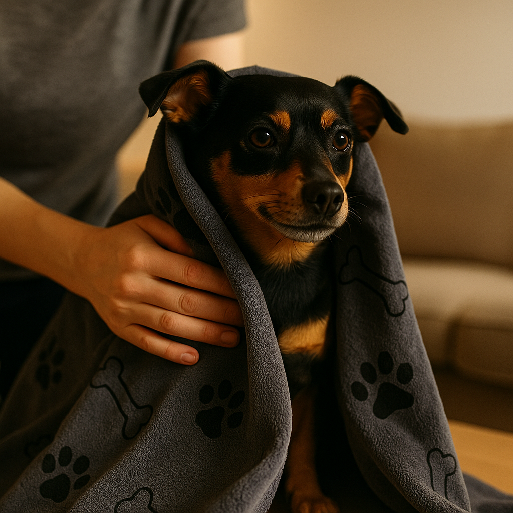 Hündin Laika wird mit dem Handtuch Buddy abgetrocknet