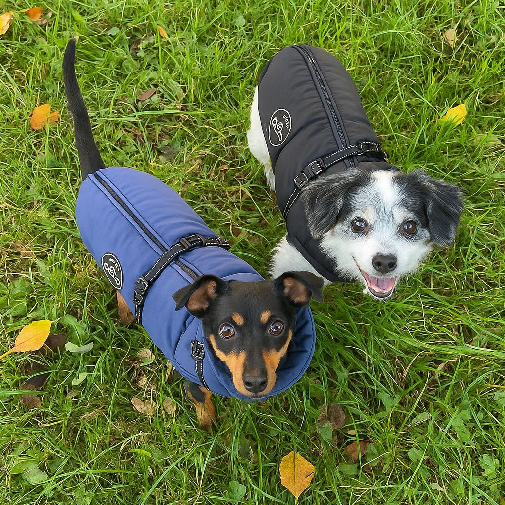 Hundemantel Laika in Blau und Schwarz mit Geschirr