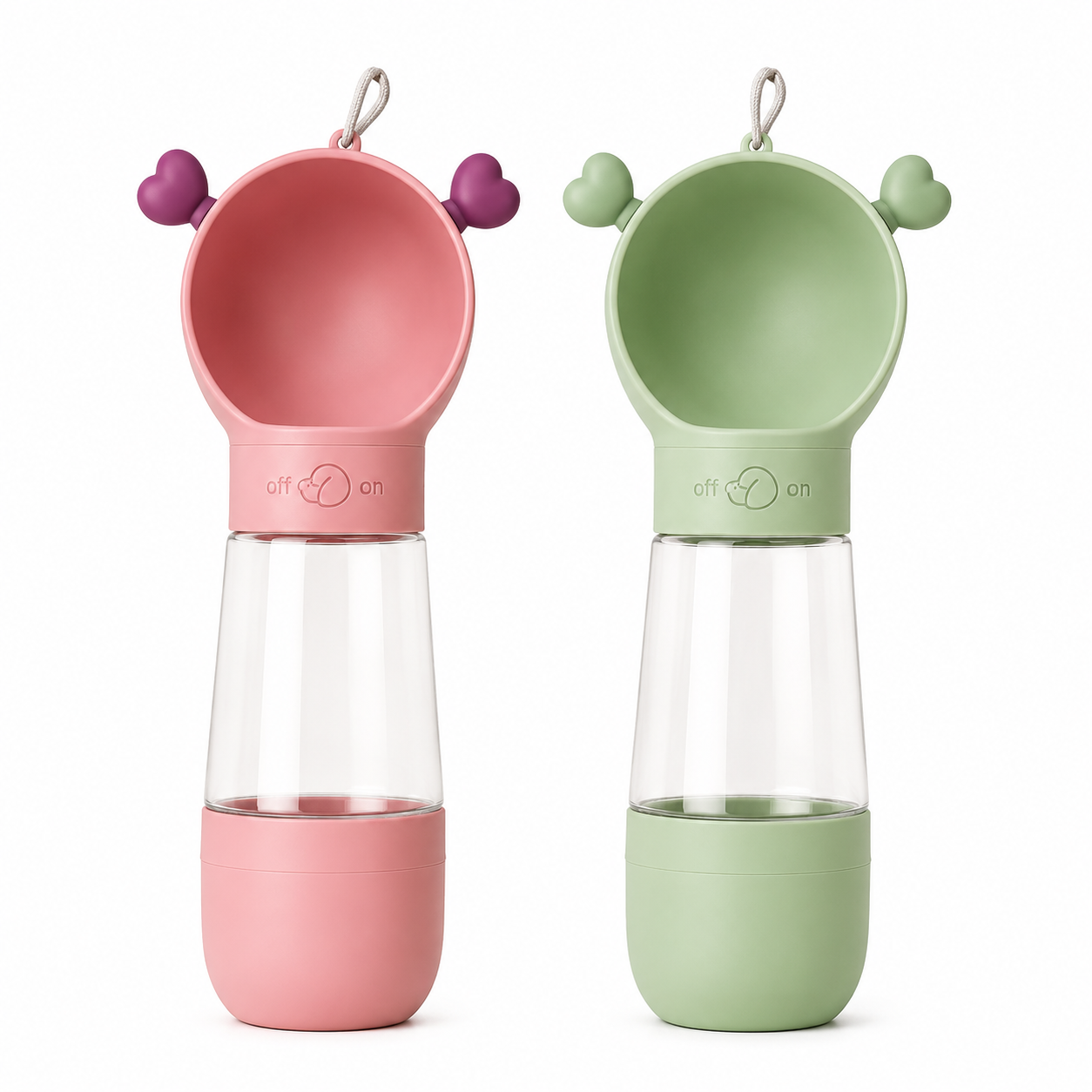 2-in-1 Hundetrinkflasche in Rosa und Grün nebeneinander