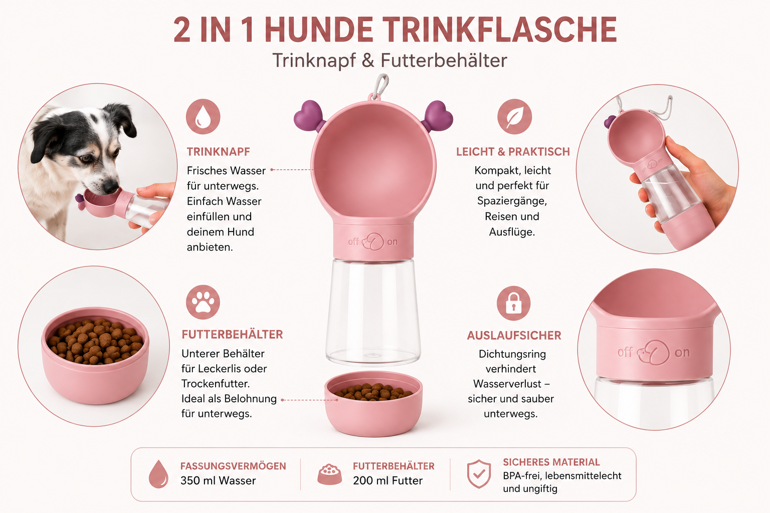 Infografik zu den Funktionen der 2-in-1 Hundetrinkflasche