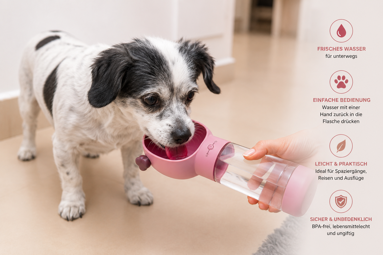 Hund Pepon trinkt aus der 2-in-1 Hundetrinkflasche