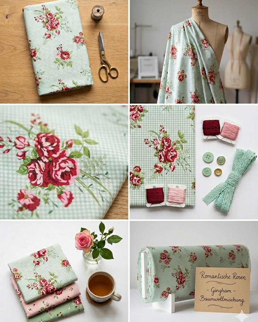 Trachtenstoff Vichy Mint mit Rosen, Detail des Musters
