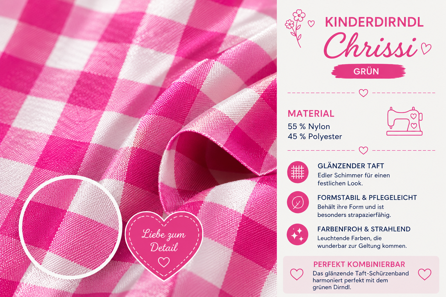 Detailaufnahme der Schürze vom Kinderdirndl Chrissi in Grün