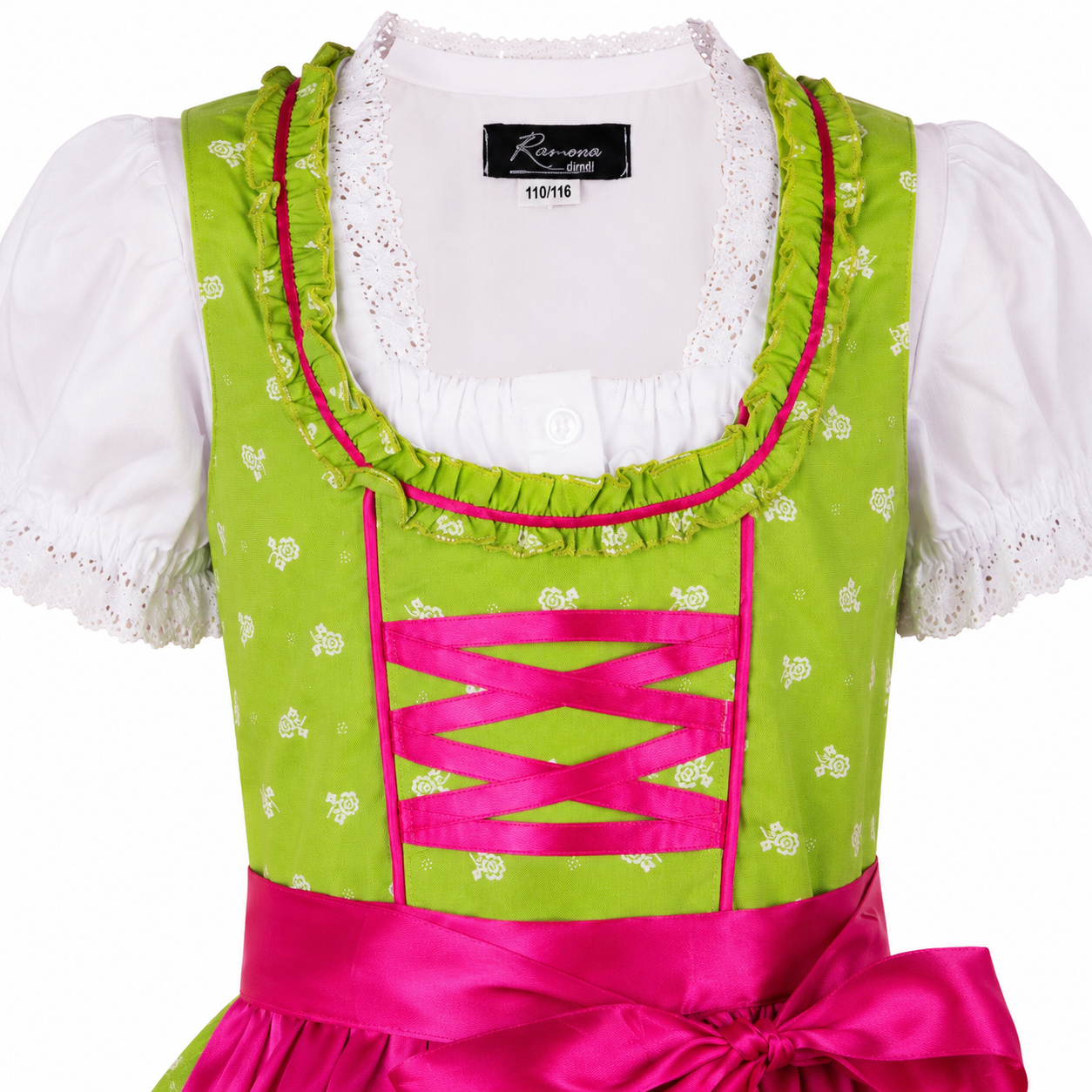Detailaufnahme vom Oberteil des Kinderdirndl Franziska hellgrün