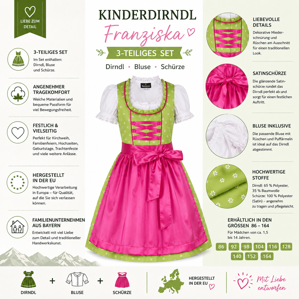 Übersicht der Merkmale vom Kinderdirndl Franziska hellgrün