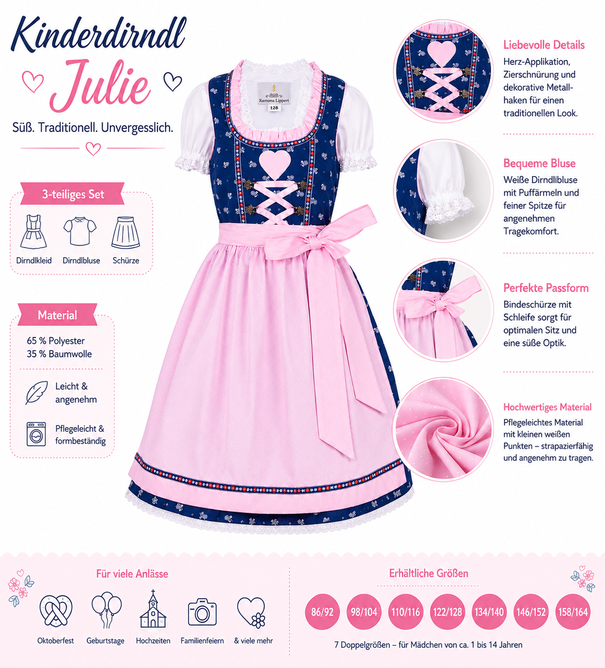 Übersicht der Merkmale vom Kinderdirndl Julie