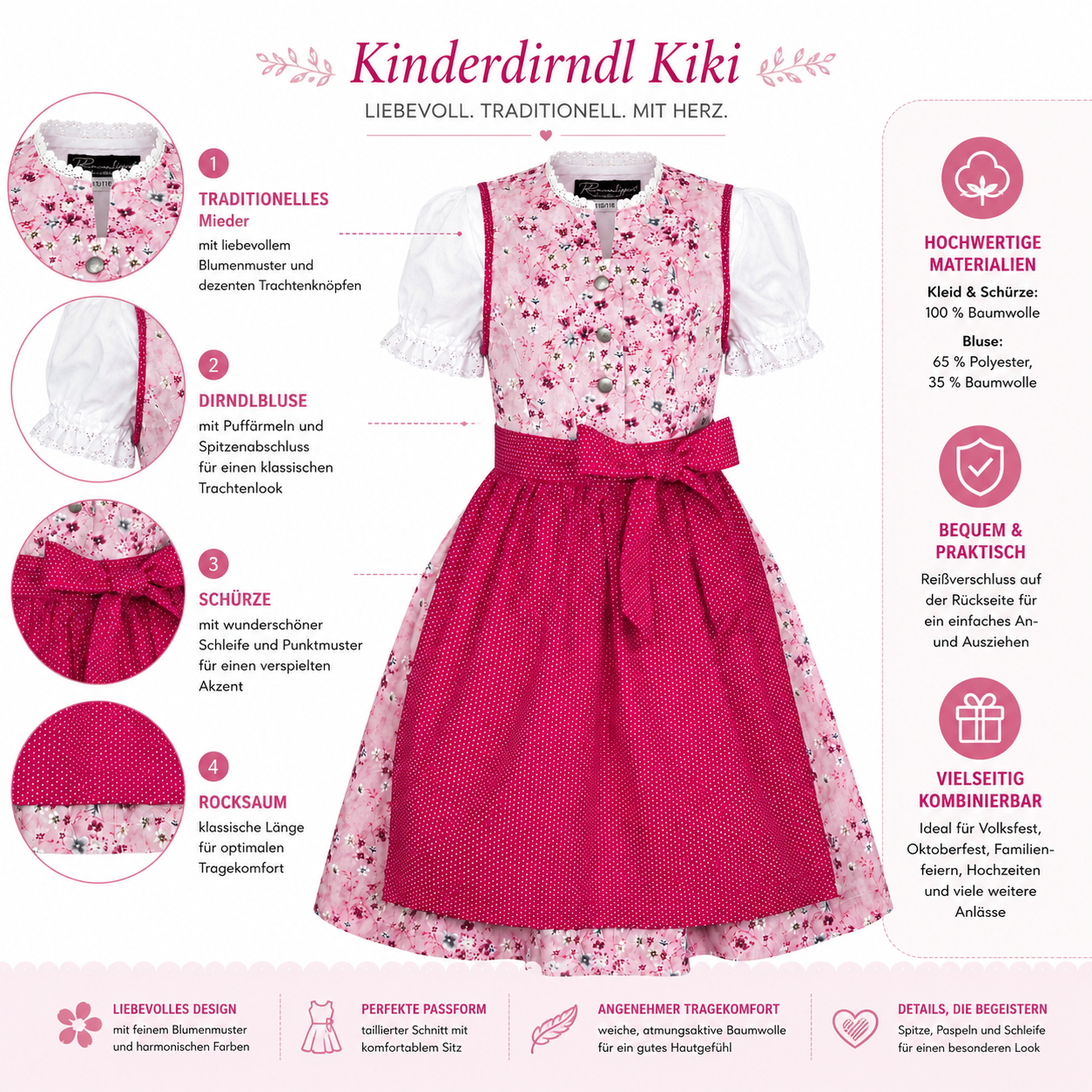 Übersicht der Merkmale vom Kinderdirndl Kiki