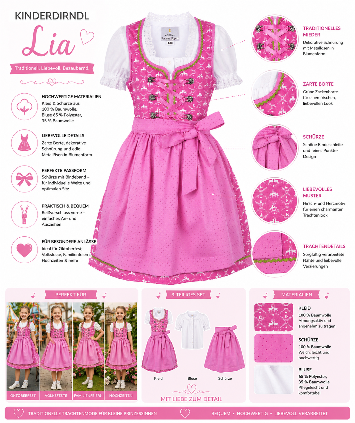 Übersicht der Merkmale vom Kinderdirndl Lia