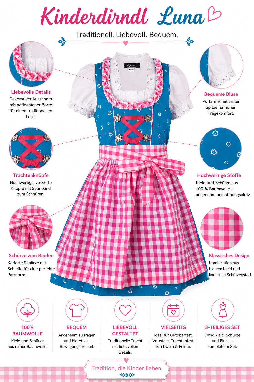 Übersicht der Merkmale vom Kinderdirndl Luna