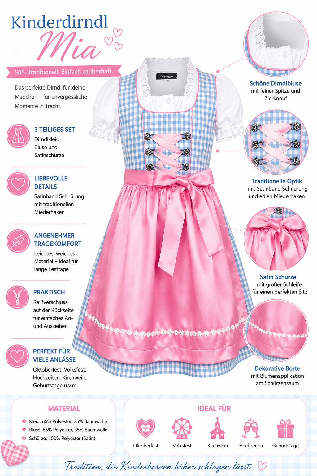 Übersicht der Merkmale vom Kinderdirndl Mia blau