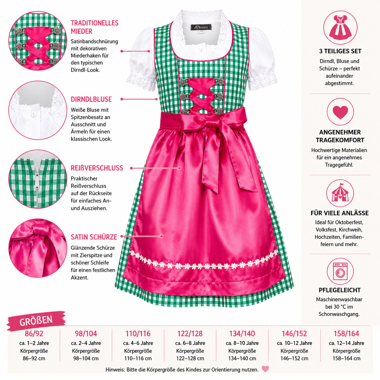 Übersicht der Merkmale vom Kinderdirndl Mia grün