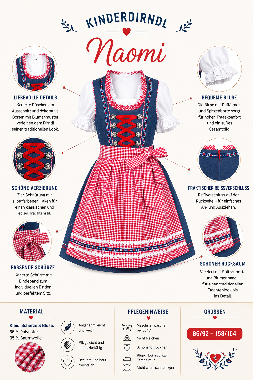 Übersicht der Merkmale vom Kinderdirndl Naomi