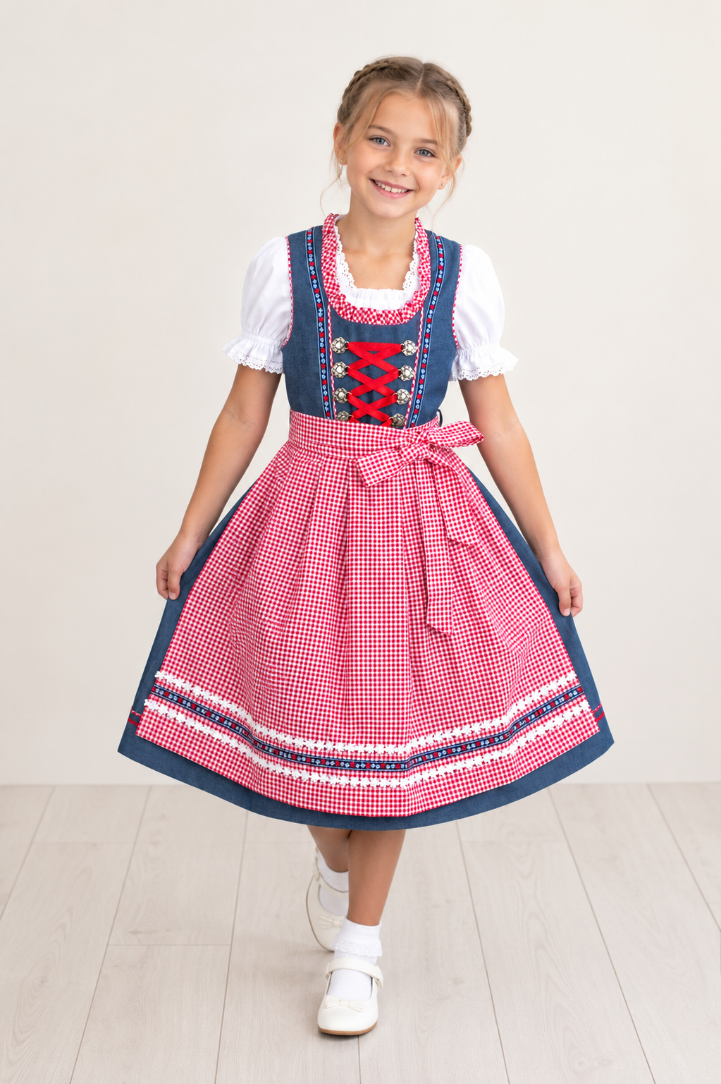 Mädchen trägt das Kinderdirndl Naomi