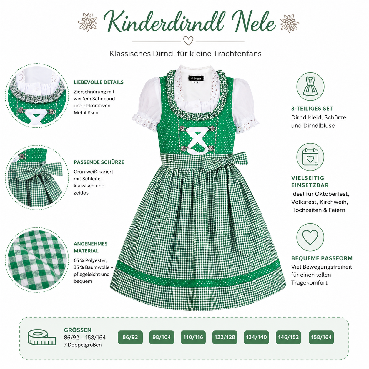 Übersicht der Merkmale vom Kinderdirndl Nele grün