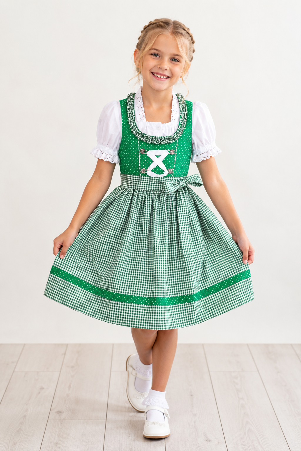 Mädchen trägt das Kinderdirndl Nele in Grün