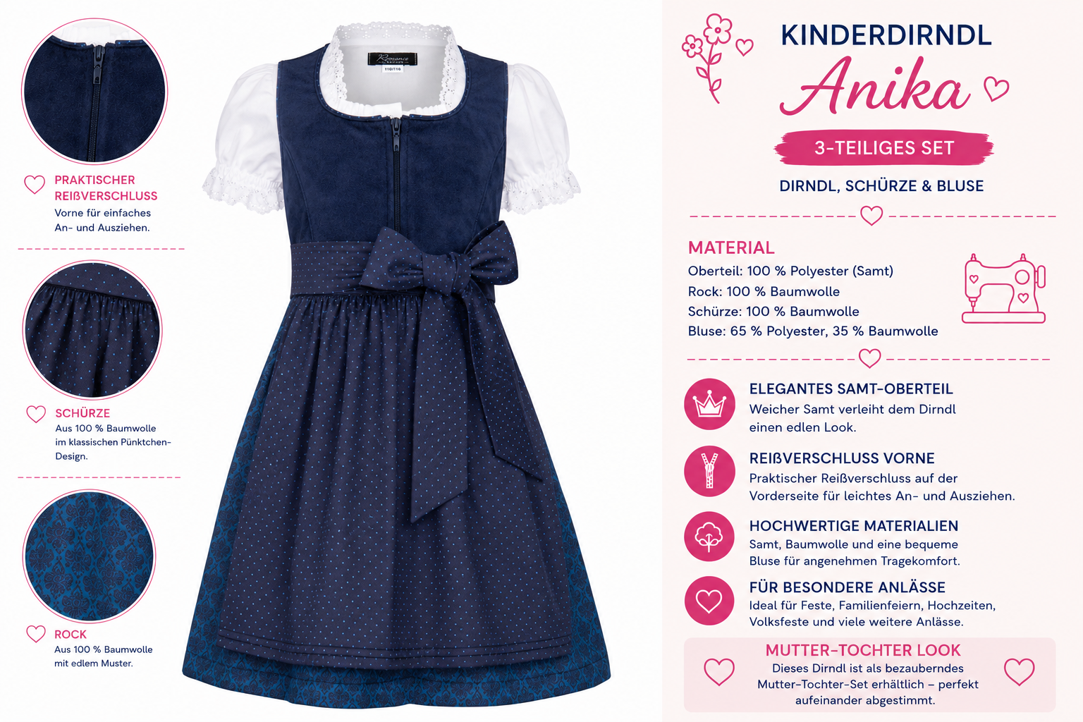 Übersicht der Merkmale vom Kinderdirndl Anika