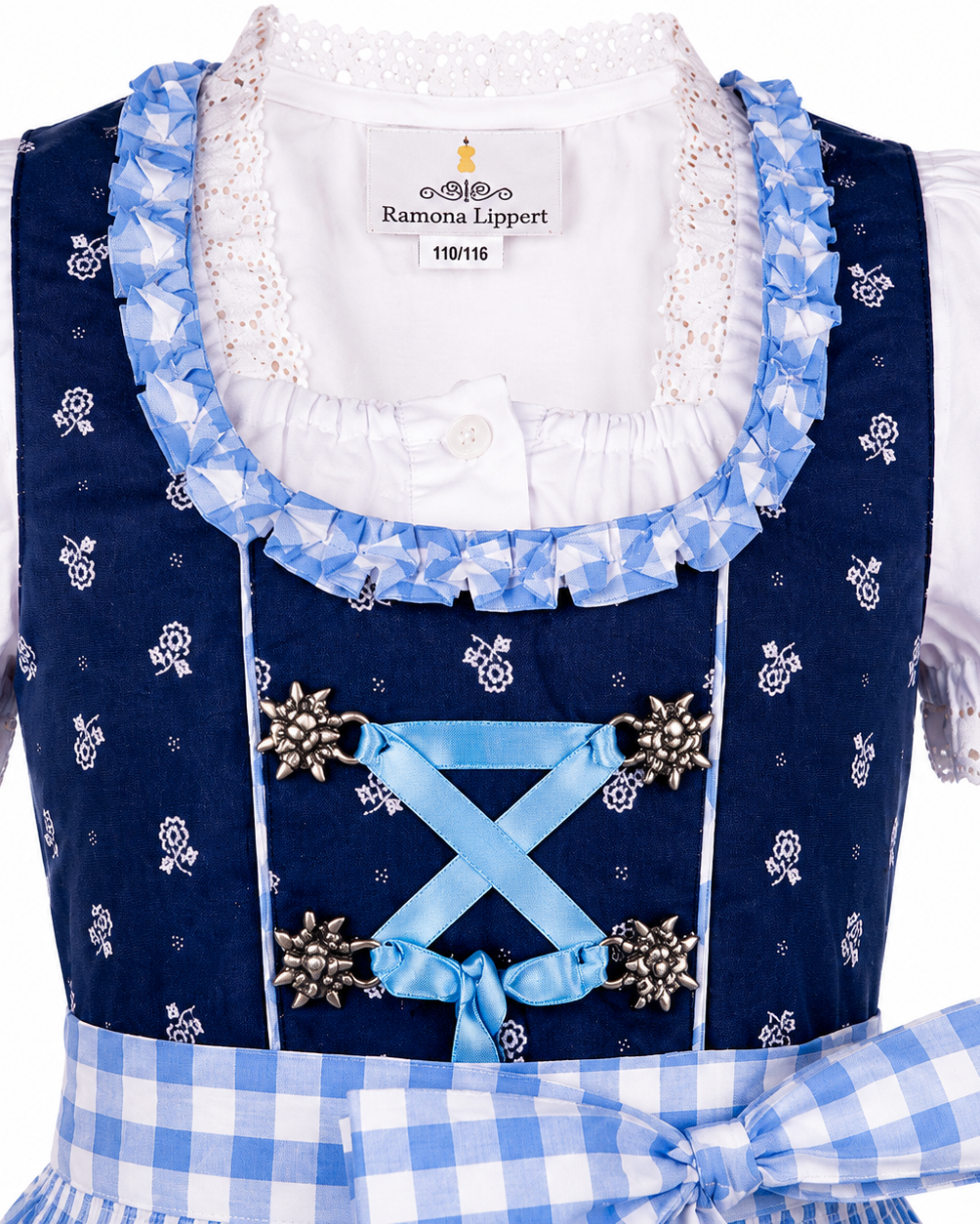 Detailaufnahme vom Oberteil des Kinderdirndl Chrissi in Blau