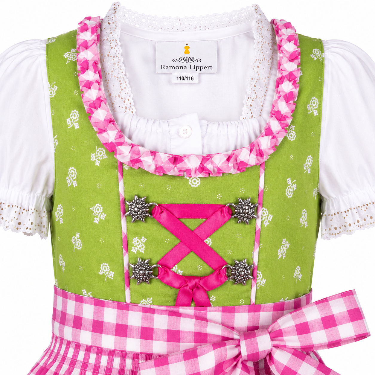Detailaufnahme vom Oberteil des Kinderdirndl Chrissi in Grün