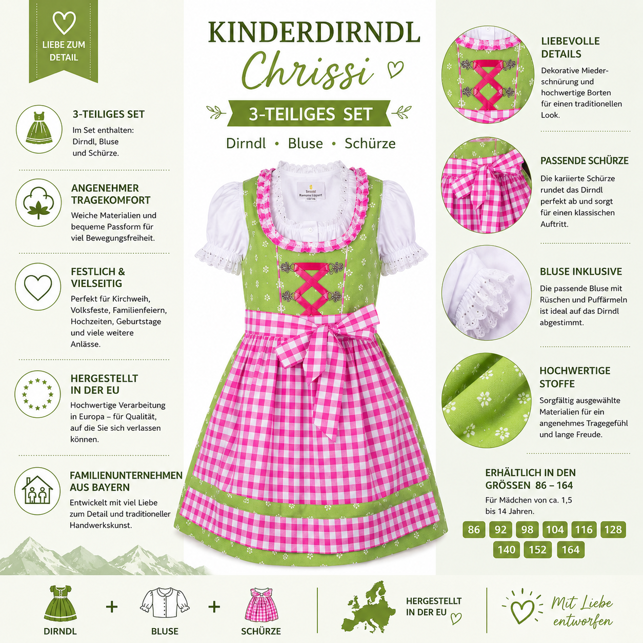 Übersicht der Merkmale vom Kinderdirndl Chrissi in Grün