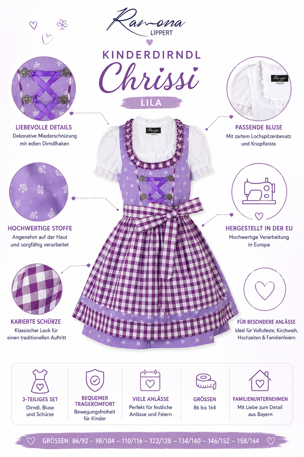 Übersicht der Merkmale vom Kinderdirndl Chrissi in Lila