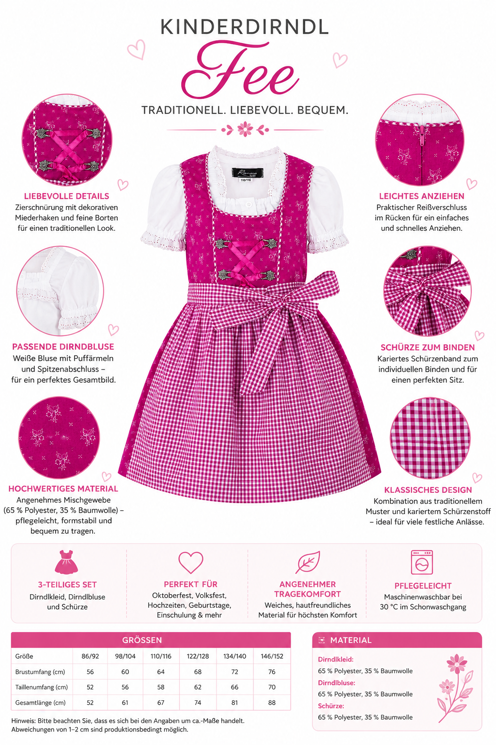 Übersicht der Merkmale vom Kinderdirndl Fee